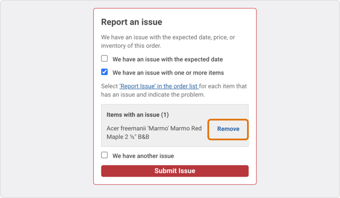 item issue remove _ landing page
