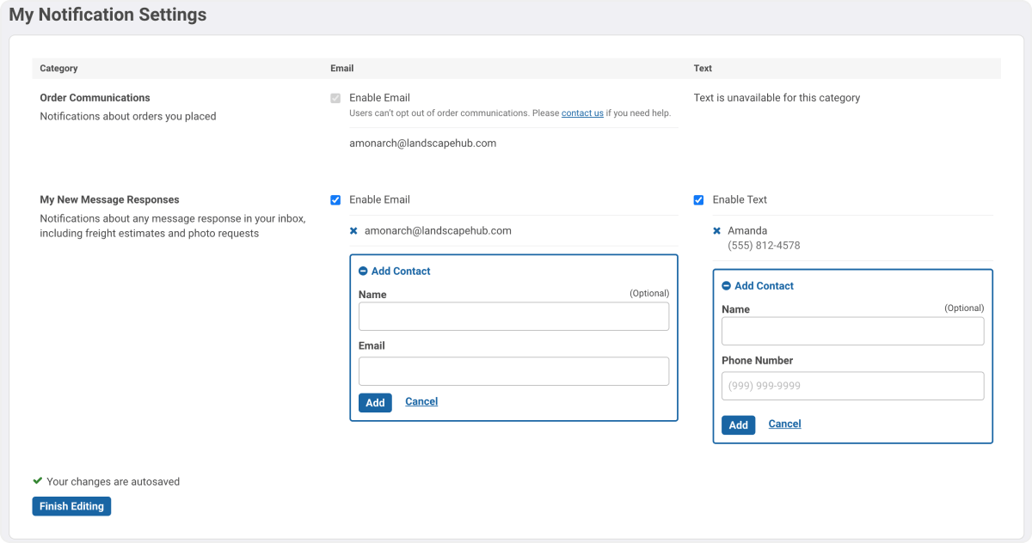 Manage email and text message notifications